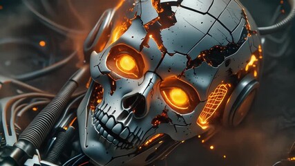 Futuristic cybernetic robot skull with glowing eyes and cracked metallic surface emitting sparks and flames in a high-tech mechanical setting - Powered by Adobe