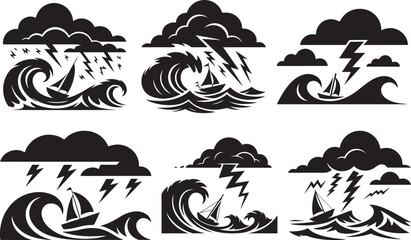 Set of Rough Sea Storm with Sailboat and Lightning Silhouette, Danger and Challenge Black and White Vector Illustration