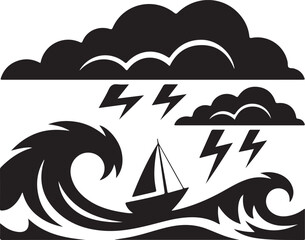 Rough Sea Storm with Sailboat and Lightning Silhouette, Danger and Challenge Black and White Vector Illustration