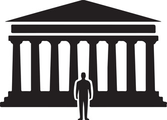 Building with Columns and Person Silhouette, Black and White Vector Illustration