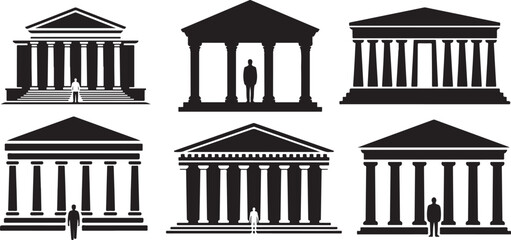 Set of Building with Columns and Person Silhouette, Black and White Vector Illustration