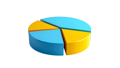 3D-rendered pie chart with 4 segments, two blue, two yellow, on a black background