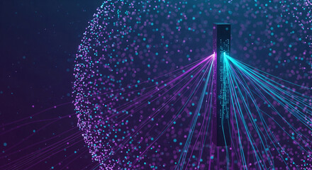 A futuristic digital illustration of a tower emitting vibrant blue and purple light beams