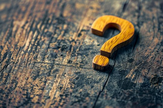 Wooden question mark is lying on a rustic wooden table, representing frequently asked questions, uncertainty, and help