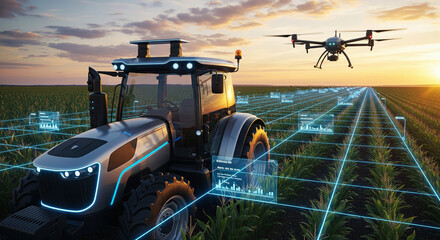 A futuristic tractor and drone working together in a high-tech agricultural field at sunset