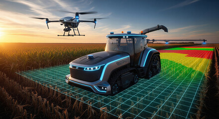 A futuristic tractor and drone working together in a field at sunset with advanced technology