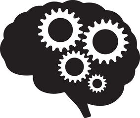 Human Brain with Gears Silhouette, Idea Generation and Intelligence Black and White Vector Illustration