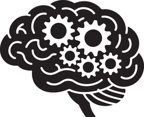 Human Brain with Gears Silhouette, Idea Generation and Intelligence Black and White Vector Illustration