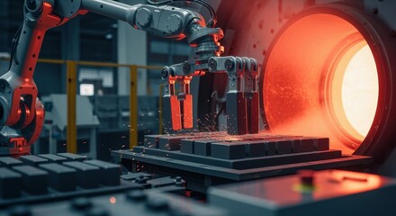 Automated robotic arm loading magnet blanks into sintering furnace in a largescale magnet production plant.