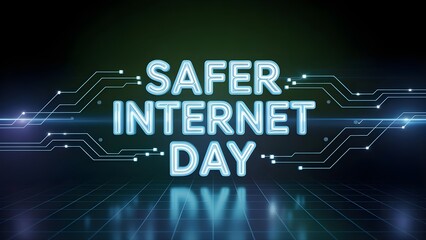 A digital illustration promoting safer internet day with glowing text and circuitry