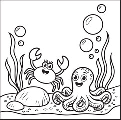 Fototapeta premium Cute crab ocean animal playing with octopus in underwater black line art vector illustration doodle for kids coloring page design 