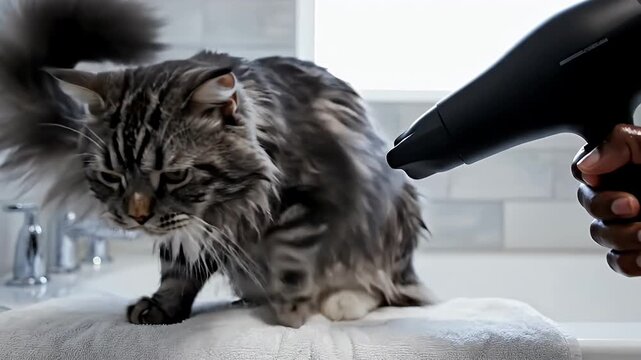 A person drying a wet Maine Coon cat with a hairdryer after a bath, showing the cats fur being fluffed and groomed.