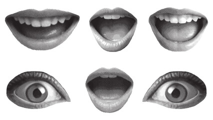 Set of retro halftone parts of body. Trendy halftone lips, eyes. Opened woman lips. Halftone collage elements. Vector illustration.