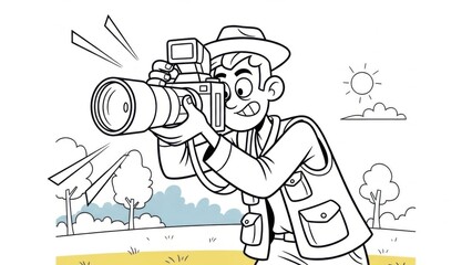 Enthusiastic cartoon photographer capturing outdoor moments with a large camera and flash in a