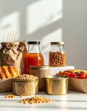 Assortment of non-perishable food items for donation or emergency preparedness.