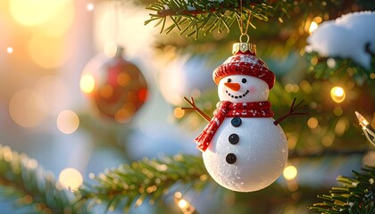 A close-up shot of a snowman ornament on a Christmas tree. Sunlight and bokeh create a festive and warm atmosphere
