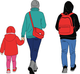 Rear View Illustration of a Mother and Child Holding Hands and a Young Man Walking Away Wearing Backpacks for Travel Concepts
