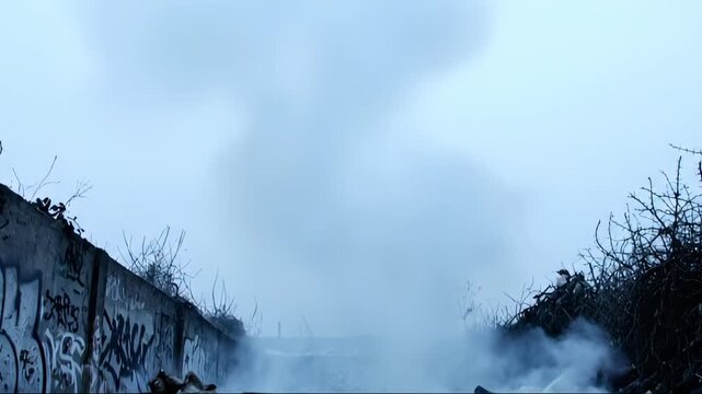 Burning garbage creates smoke at polluted dump site. Trash burns with toxic smoke near graffiti wall. Waste fire smolders at dump. Garbage pollution burns creating smoke. Urban dump burning trash.