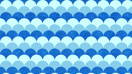 seamless repeating modern magical mermaid semi circle wave pattern style of baby blue , light azure and metallic blue glitter sparkling texture background   © Giffany