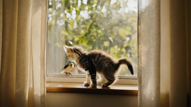 木の床の上を歩く三毛の子猫を捉えた映像です。
窓からの自然光が差し込み、柔らかな影を作っています。