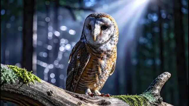 Majestic barn owl perched on mossy forest branch under golden sunlight rays