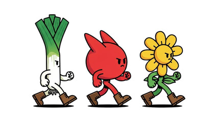 This simple, whimsical cartoon illustration shows three anthropomorphic characters marching in unison. From left to right, a leek, a red stylized creature, and a yellow flower are depicted.
