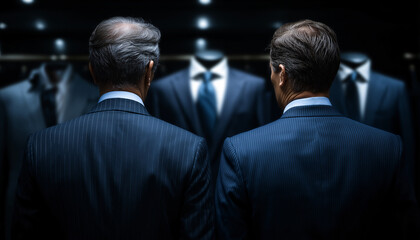 Power Dynamics in the Boardroom Two stern business executives, their backs to the viewer, face each other, the suits a silent testament to power, wealth, and authority.