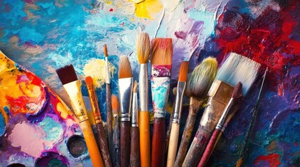 Obraz premium Closeup of paintbrushes with colorful splashes, perfect for advertisements, websites, and artistic content.