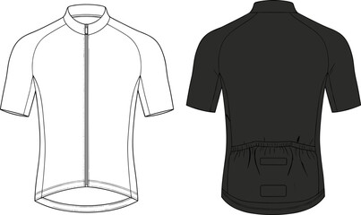 Short sleeve cycling jersey technical sketch, front and back view, apparel design template, sportswear illustration, vector fashion drawing for activewear