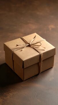Close-up of a simple brown gift box tied with rustic twine on a textured dark brown surface for present delivery