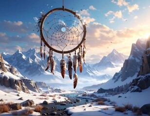 A large dreamcatcher hangs, centered against a backdrop of snow-capped mountains under a bright, cloud-filled sky. A river flows below