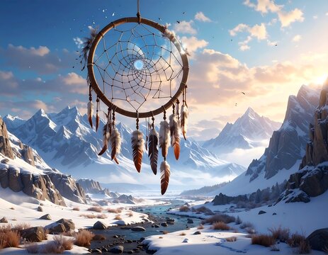 A large dreamcatcher hangs, centered against a backdrop of snow-capped mountains under a bright, cloud-filled sky. A river flows below - Powered by Adobe