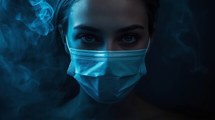 Mysterious woman wearing medical mask in dark smoky atmosphere