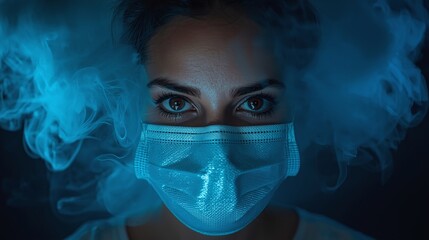 Dramatic medical portrait of woman in face mask with smoky background