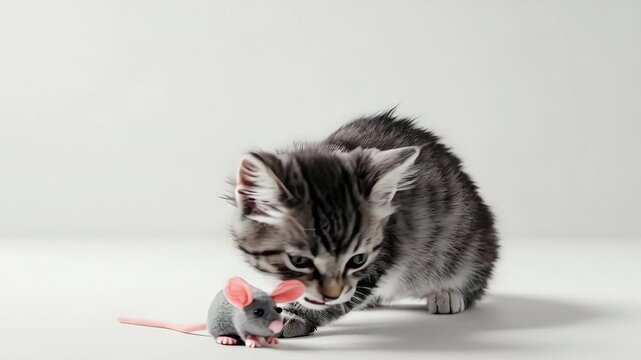 小さなおもちゃのネズミに前足で触れる子猫を捉えた映像です。
背景は明るく清潔感のあるミニマルな空間になっています。