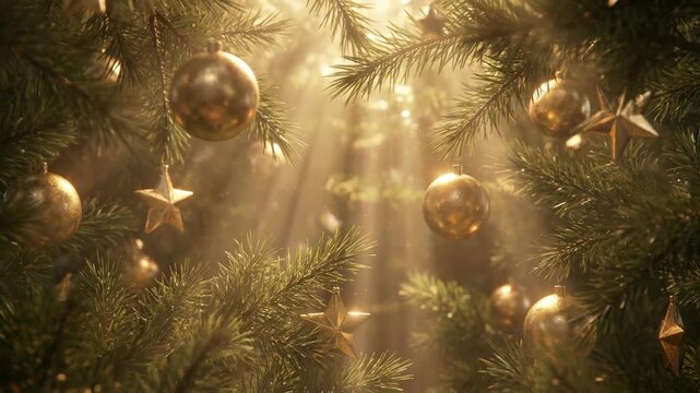 A serene view of a decorated Christmas tree with golden ornaments, shining through gentle rays of light. This image captures the festive spirit and warmth of the holiday season.