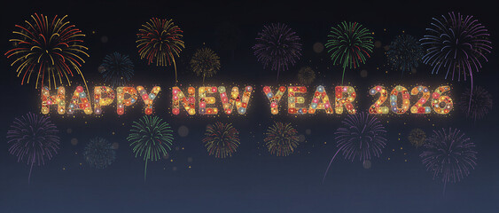Happy New Year 2026 text composed of colorful fireworks bursting against dark night sky backdrop happy new year 2026 fireworks celebration festive night sky typography text co