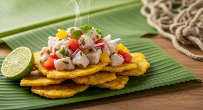 Crispy Costa Rican Patacones with Fresh Fish Ceviche on Banana Leaf and Negative Space