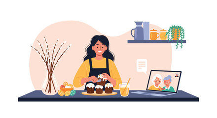 Young woman decorating traditional Easter cakes while having a video call with her grandparents on a laptop at her home kitchen.