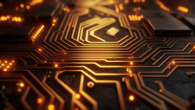 Illuminated central processing unit with intricate golden circuit traces and microelectronic components on a high-performance silicon chip for