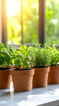 Potted culinary herb seedlings on windowsill bathed in bright sunlight showing fresh green leaves and soil