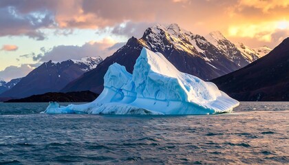 A large, glacial formation floats serenely in a body of water, against a backdrop of snow-capped mountains at sunset