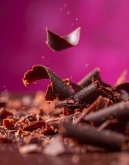 Fototapeta premium A Chocolate Cake decoration process with chocolate shards falling onto a pile of shaved chocolate on a dark surface against a magenta background