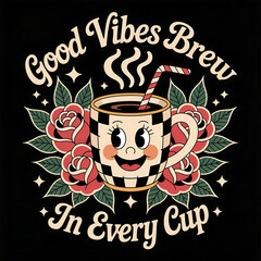 Smiling coffee mug with good vibes message and floral design