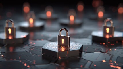 Blockchain network concept with hexagonal digital locks on futuristic circuit board representing distributed ledger technology, cybersecurity, and secure data transactions