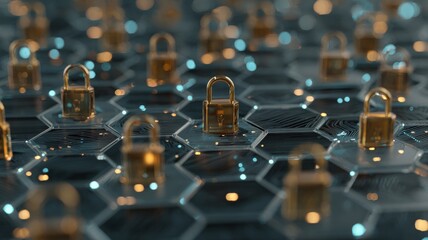 Blockchain network concept with hexagonal digital locks on futuristic circuit board representing distributed ledger technology, cybersecurity, and secure data transactions
