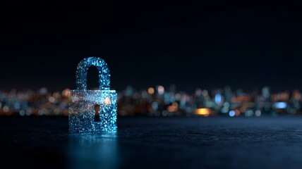 Blue keylock hologram floating over dark cityscape at night symbolizing cybersecurity, data protection, and secure digital connections in modern technology
