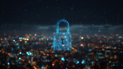 Blue keylock hologram floating over dark cityscape at night symbolizing cybersecurity, data protection, and secure digital connections in modern technology