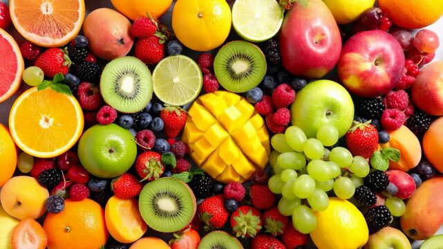 Colorful arrangement of fresh summer fruits: oranges, berries, apples, kiwi, mango and grapes lying closely together, healthy food concept