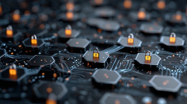 Blockchain network concept with hexagonal digital locks on futuristic circuit board representing distributed ledger technology, cybersecurity, and secure data transactions
